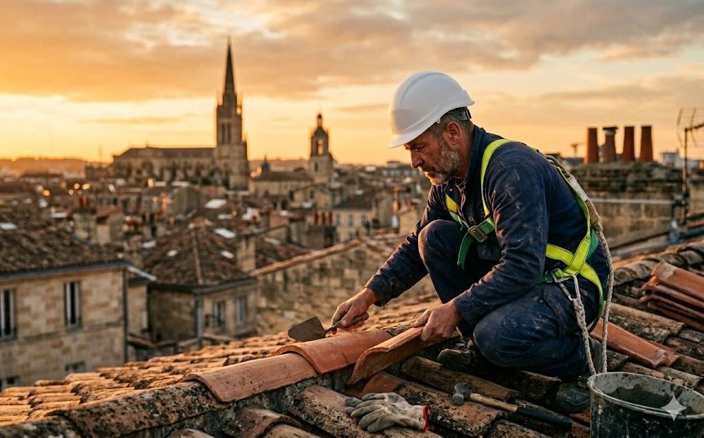 Artisan couvreur Medétanch en intervention sur une toiture en tuile canal à Bordeaux