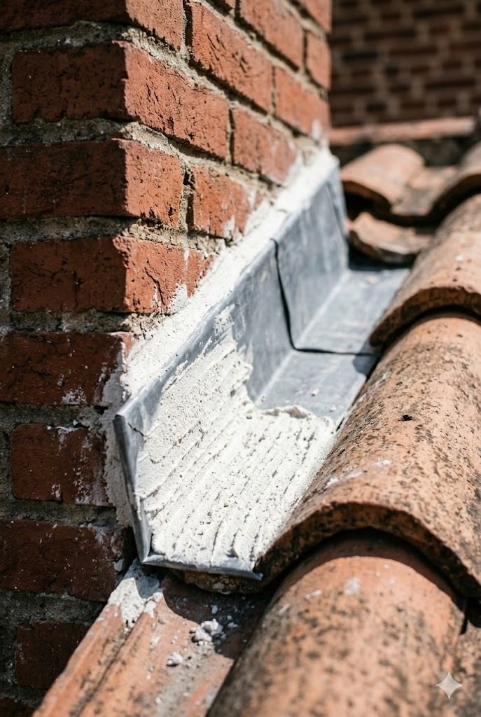 Détail d'un solin et d'une descente d'eau pluviale — précision du travail
